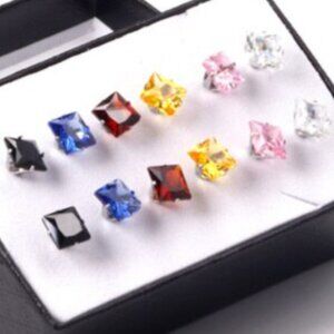 NEW SET OF 6 Shimmering Multi Color Faceted Princess Cut Stone Stainless Steel
